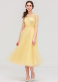 Bateau Short Sleeve A-line/Princess Tulle Tea-Length  Bridesmaid Dresses With Pleated Lace Karen STKP0025522