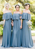 Off-The-Shoulder A-Line/Princess Long/Floor-Length Chiffon Bridesmaid Dresses With Ruffles Joslyn STKP0025555