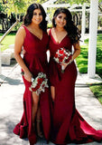 Sleeveless V Neck Court Train Sheath/Column Elastic Satin Bridesmaid Dresseses With Split Breanna STKP0025567