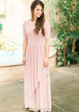 Scoop Neck Short Sleeve Ankle-Length A-line/Princess Chiffon Bridesmaid Dresses With Lace Pleated Stephany STKP0025580