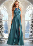 Kassandra A-line Halter Floor-Length Stretch Satin Bridesmaid Dress STKP0025731