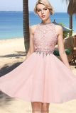 Lorena A-line High Neck Knee-Length Chiffon Lace Homecoming Dress With Beading Sequins STKP0020596