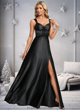 Patsy A-line V-Neck Floor-Length Stretch Satin Prom Dresses With Bow STKP0025882