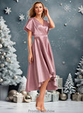 Madilyn A-line V-Neck Asymmetrical Stretch Satin Bridesmaid Dress STKP0025752