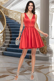 Neveah A-line V-Neck Short/Mini Satin Homecoming Dress With Bow STKP0020583