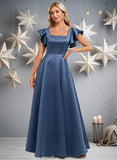 Marisa A-line Square Floor-Length Satin Bridesmaid Dress With Ruffle STKP0025774