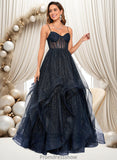 Melinda Ball-Gown/Princess V-Neck Floor-Length Tulle Prom Dresses STKP0025863