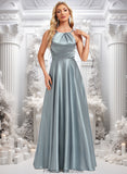 Elyse A-line Halter Floor-Length Stretch Satin Bridesmaid Dress STKP0025783