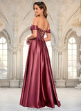 Haleigh A-line Off the Shoulder Floor-Length Satin Lace Prom Dresses With Sequins STKP0025841