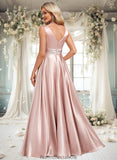 Jaidyn A-line V-Neck Floor-Length Stretch Satin Bridesmaid Dress STKP0025779