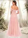 Jazlynn A-line Sweetheart Off the Shoulder Floor-Length Tulle Floral Lace Prom Dresses With Appliques Lace STKP0025870