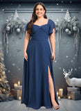 Maribel A-line V-Neck Floor-Length Chiffon Bridesmaid Dress With Ruffle STKP0025802