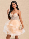 Pat Ball-Gown/Princess V-Neck Short Tulle Homecoming Dress With Beading Sequins STKP0025646