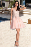 Salma A-line V-Neck Short/Mini Tulle Homecoming Dress With Beading STKP0020538