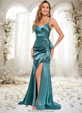 Tatum Trumpet/Mermaid V-Neck Sweep Train Stretch Satin Prom Dresses STKP0025855