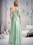 Jessica A-line V-Neck Floor-Length Stretch Satin Bridesmaid Dress With Bow STKP0025737