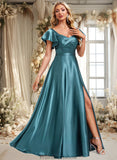 Jacquelyn A-line V-Neck Floor-Length Stretch Satin Bridesmaid Dress With Ruffle STKP0025780