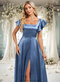 Mildred A-line Square Floor-Length Stretch Satin Bridesmaid Dress With Ruffle STKP0025769