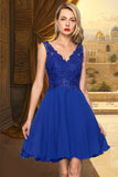 Selena A-line V-Neck Knee-Length Chiffon Lace Homecoming Dress STKP0020589