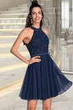 Tess A-line Scoop Short/Mini Lace Tulle Homecoming Dress With Beading STKP0020560