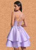 Grace A-line V-Neck Short Satin Homecoming Dress With Appliques Lace STKP0025692