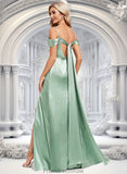 Pat A-line Cowl Cold Shoulder Floor-Length Stretch Satin Bridesmaid Dress With Bow Ruffle STKP0025807