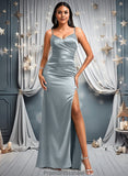 Mayra A-line V-Neck Floor-Length Stretch Satin Bridesmaid Dress STKP0025728