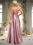 Charlee A-line V-Neck Floor-Length Stretch Satin Bridesmaid Dress STKP0025822