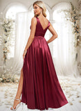 Sanaa A-line V-Neck Floor-Length Stretch Satin Bridesmaid Dress STKP0025771