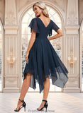 Selina A-line V-Neck Asymmetrical Chiffon Bridesmaid Dress With Ruffle STKP0025804