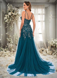 Alivia Trumpet/Mermaid V-Neck Sweep Train Tulle Prom Dresses With Sequins Appliques Lace STKP0025853