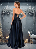 Dulce Ball-Gown/Princess V-Neck Floor-Length Satin Prom Dresses STKP0025840