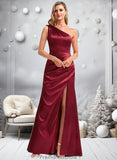 Una A-line One Shoulder Floor-Length Stretch Satin Bridesmaid Dress With Bow STKP0025758