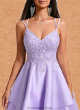 Grace A-line V-Neck Short Satin Homecoming Dress With Appliques Lace STKP0025692