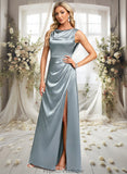 Sage A-line Scoop Cowl Floor-Length Stretch Satin Prom Dresses STKP0025878