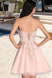 Salma A-line V-Neck Short/Mini Tulle Homecoming Dress With Beading STKP0020538