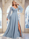 Annie A-line V-Neck Floor-Length Chiffon Bridesmaid Dress STKP0025798