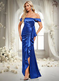 Maia Trumpet/Mermaid Off the Shoulder Floor-Length Stretch Satin Bridesmaid Dress With Ruffle STKP0025800