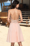 Leia A-line Halter Knee-Length Chiffon Homecoming Dress With Beading STKP0020541