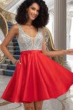 Sharon A-line V-Neck Short/Mini Satin Homecoming Dress With Beading Sequins STKP0020569