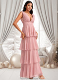 Khloe A-line V-Neck Floor-Length Chiffon Bridesmaid Dress STKP0025749