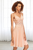 Jazlynn A-line V-Neck Knee-Length Chiffon Lace Homecoming Dress STKP0020527