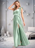 Jessica A-line V-Neck Floor-Length Stretch Satin Bridesmaid Dress With Bow STKP0025737