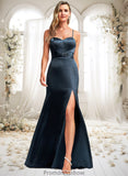 Desiree A-line V-Neck Floor-Length Stretch Satin Bridesmaid Dress STKP0025734