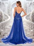 Valentina Trumpet/Mermaid Straight Sweep Train Tulle Sequin Prom Dresses With Sequins Appliques Lace STKP0025857