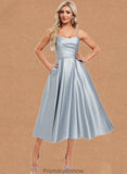 Carolyn A-line V-Neck Tea-Length Satin Homecoming Dress STKP0025694