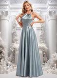 Elyse A-line Halter Floor-Length Stretch Satin Bridesmaid Dress STKP0025783