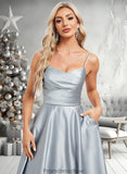 Cassie A-line V-Neck Tea-Length Satin Bridesmaid Dress STKP0025794