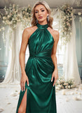 Madalyn A-line Halter Floor-Length Stretch Satin Bridesmaid Dress With Ruffle STKP0025817