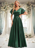 Tia A-line V-Neck Floor-Length Stretch Satin Bridesmaid Dress STKP0025782